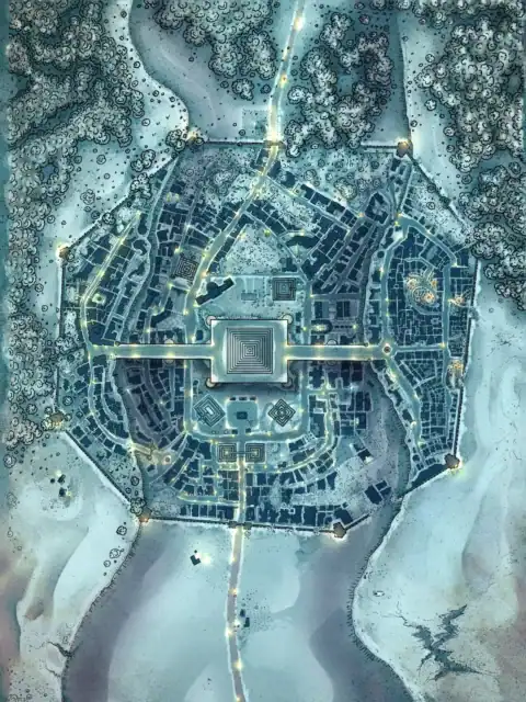 Central citadel containing stepped pyramid structure.