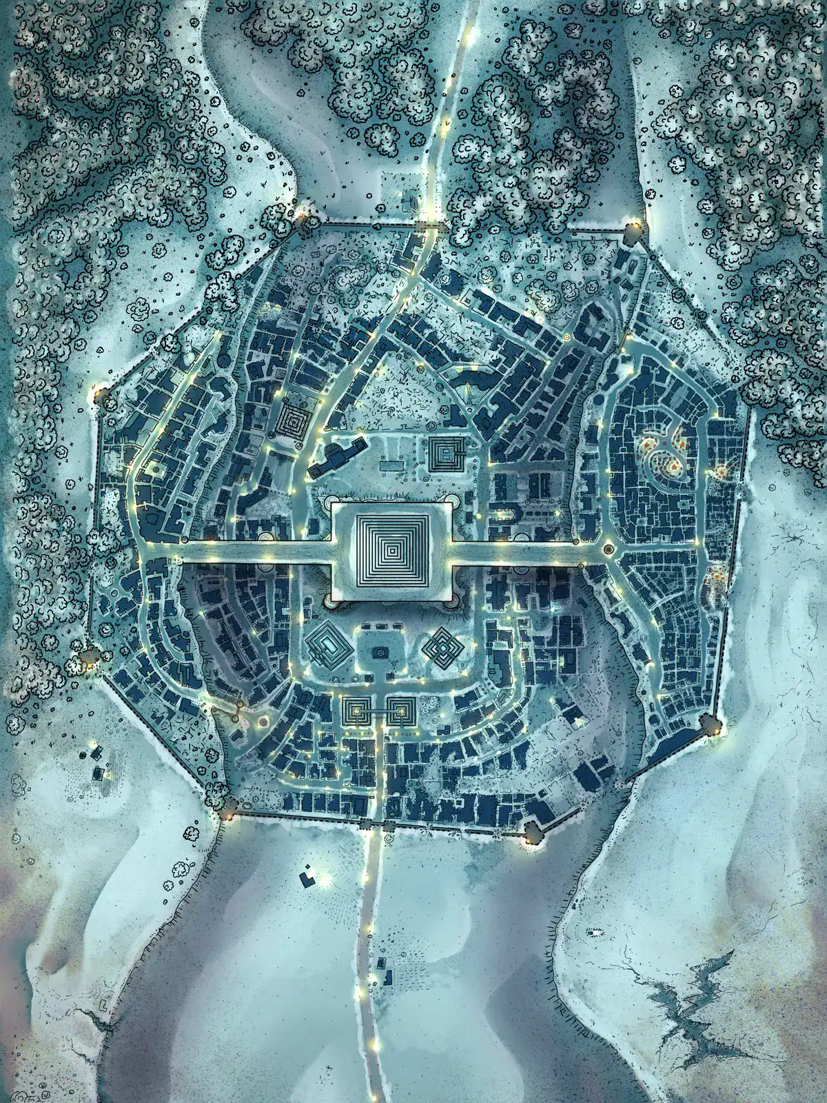 Central citadel containing stepped pyramid structure.
