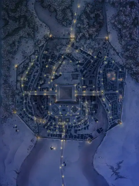Central stepped pyramid structure surrounded by four radiating main roads.