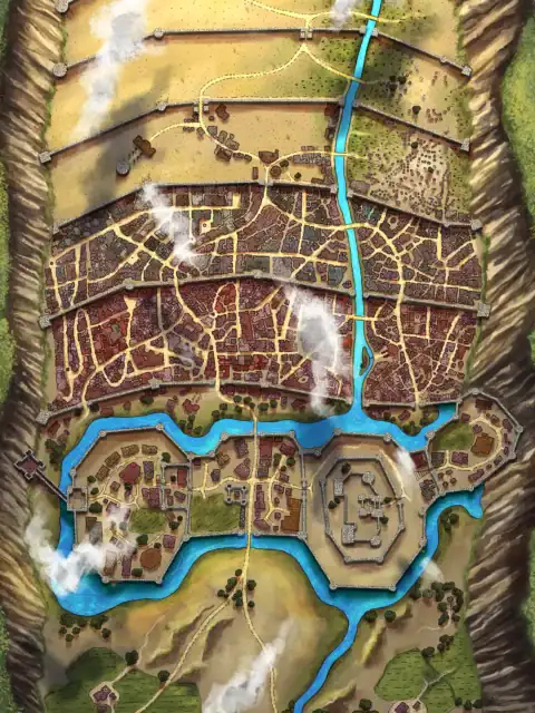 Dense brown and red building clusters in upper city districts.