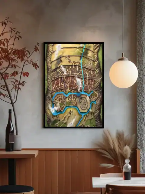 Aerial view of fantasy city Vaatmery with branching blue river system.