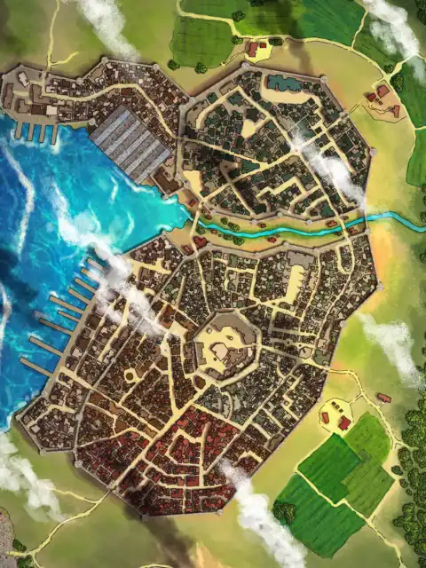 Dense clusters of brown and red buildings form distinct urban districts.