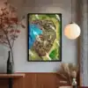 Aerial view of a fantasy coastal city divided by a central river.