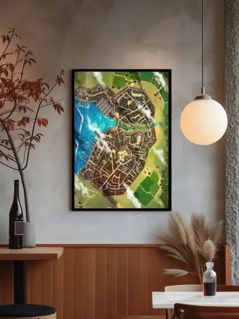 Aerial view of a fantasy coastal city divided by a central river.