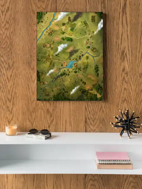 Bird's-eye view of pastoral countryside with golden-green agricultural fields.