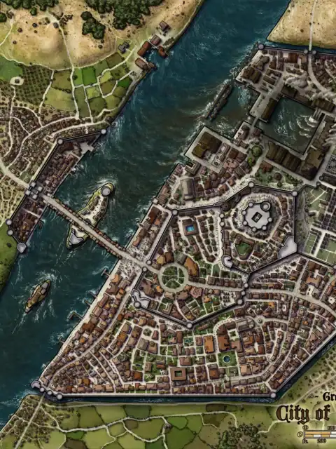 Eastern bank shows dense walled settlement with hundreds of buildings.
