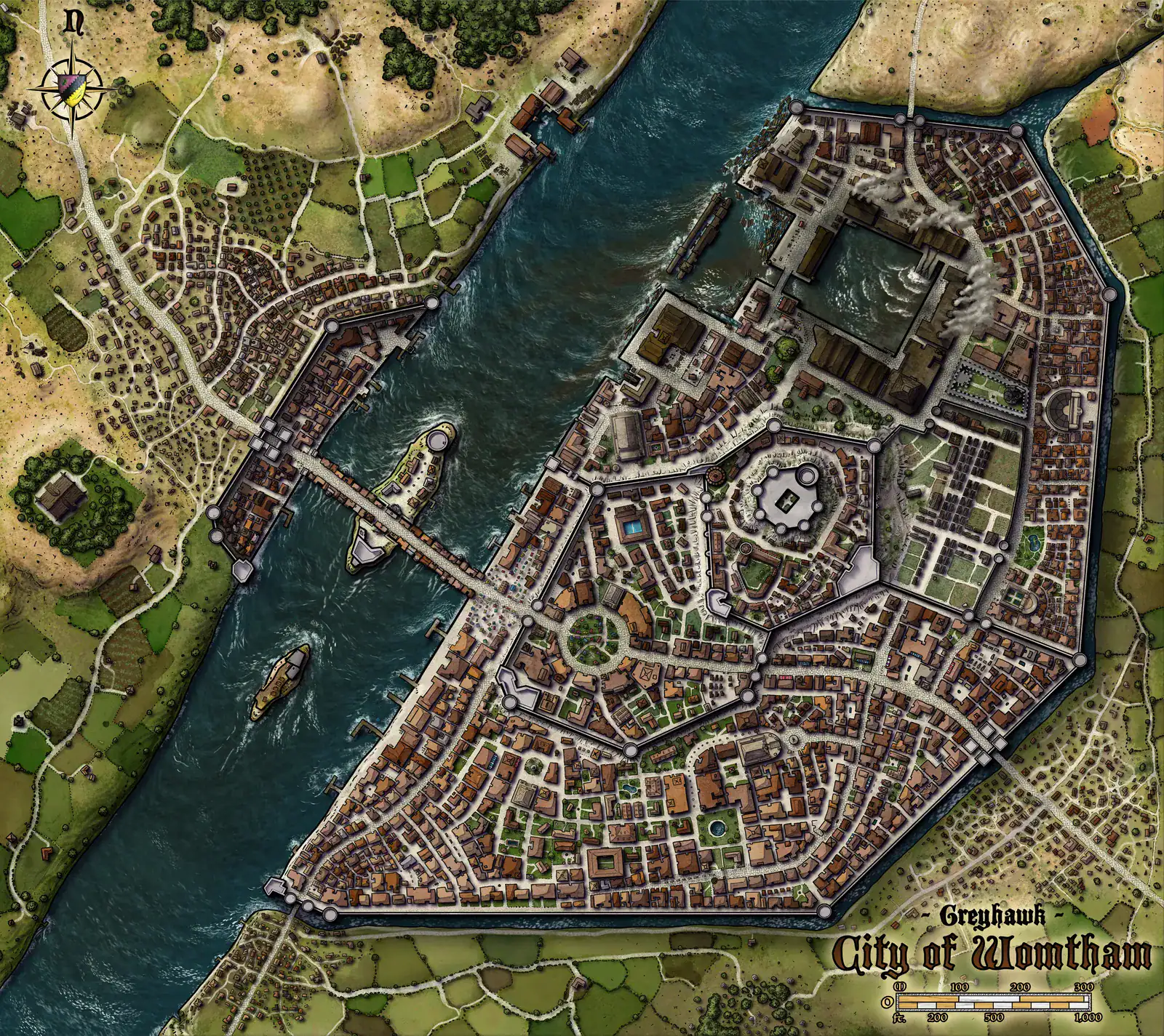 Eastern bank shows dense walled settlement with hundreds of buildings.