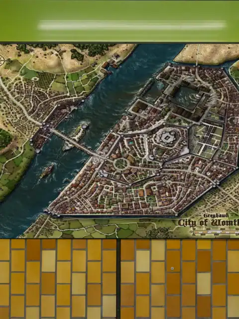 Overhead view of fortified city split by wide river.