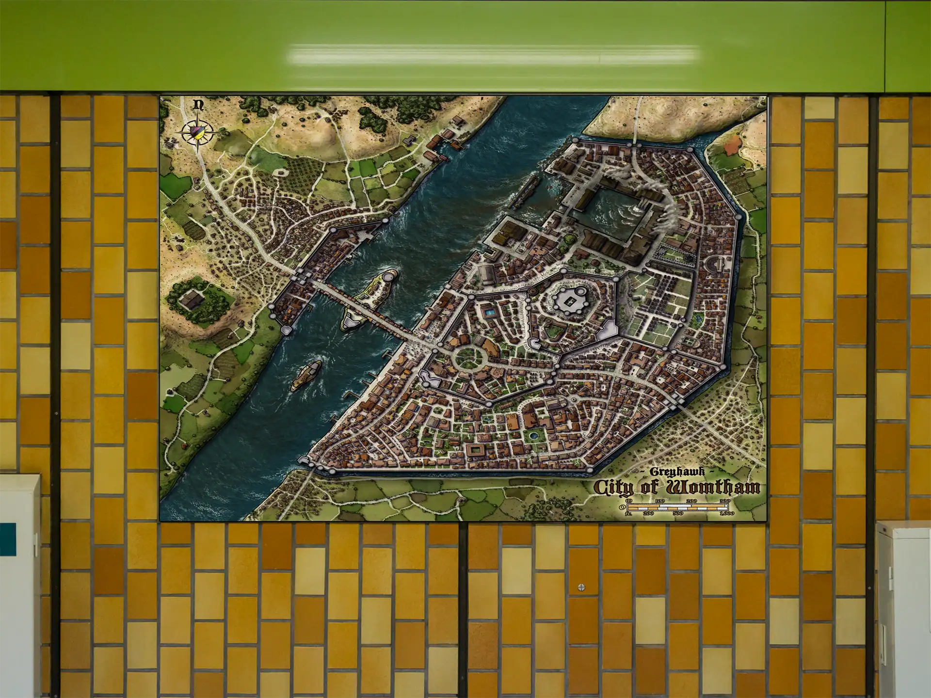 Overhead view of fortified city split by wide river.