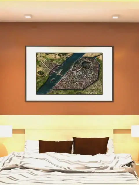 Western bank displays agricultural fields and scattered trees.