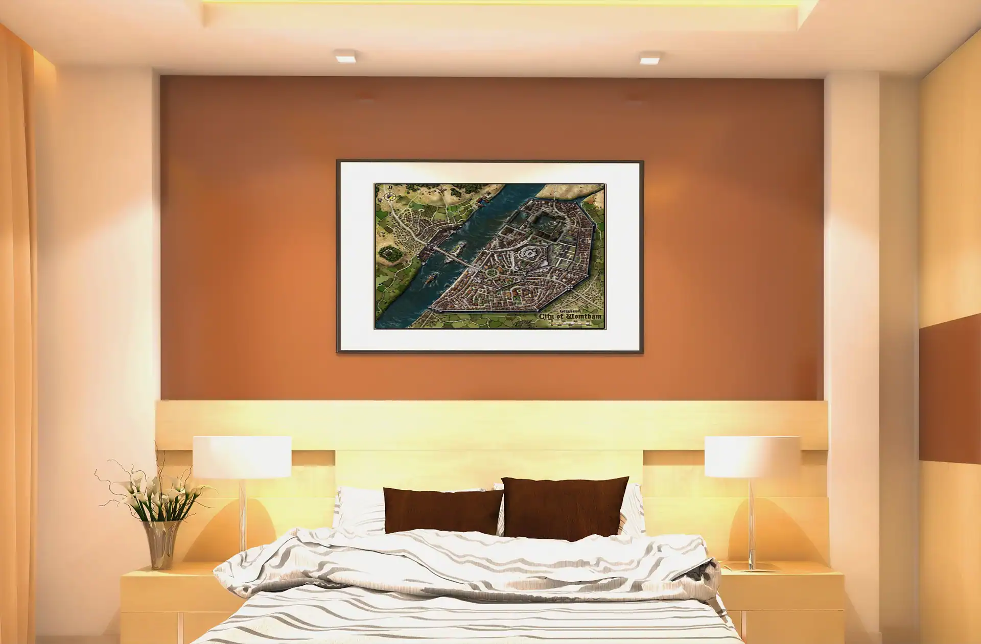 Western bank displays agricultural fields and scattered trees.