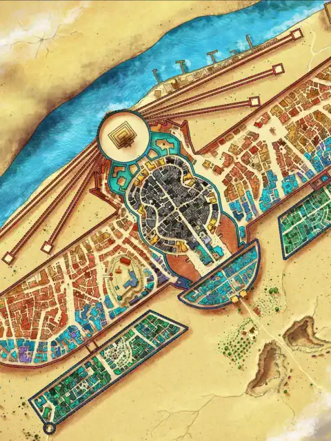 Aerial view of a fortified coastal city with multiple walled districts.
