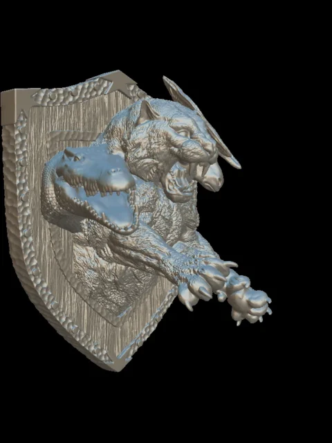 Three-quarter view of the swamp chimera trophy bust with the crocodile jaws open beside the roaring cat