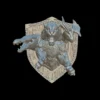 Front view of the swamp chimera trophy bust with cat, crocodile, and hoofed heads on a studded wooden shield