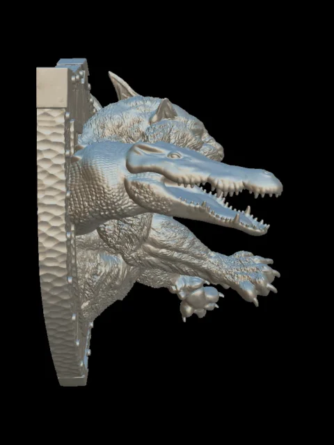 Side profile of the swamp chimera trophy bust showing the crocodile head and scaled neck