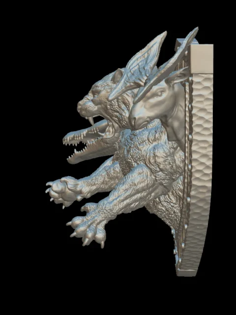Opposite side profile of the swamp chimera trophy bust with the hoofed head and fan-like ears