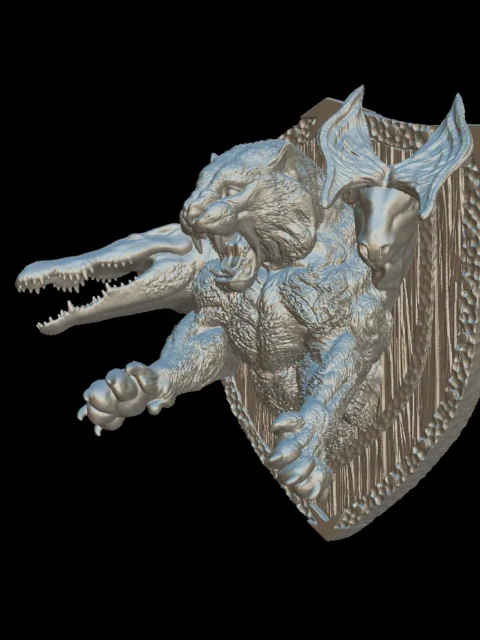 Angled view of the swamp chimera trophy bust with clawed paws reaching out from the shield