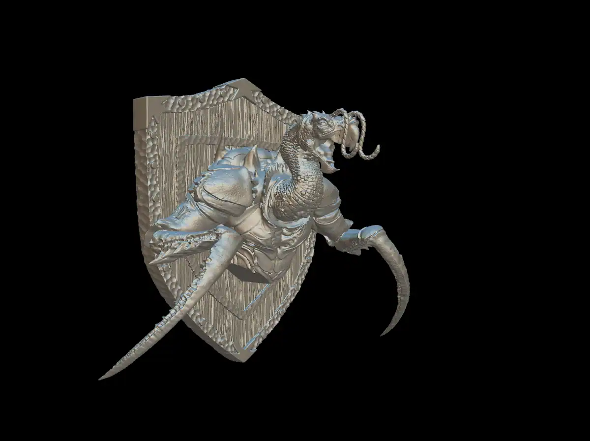 Three-quarter view of the hook horror trophy bust showing the open beak and ropy tendrils
