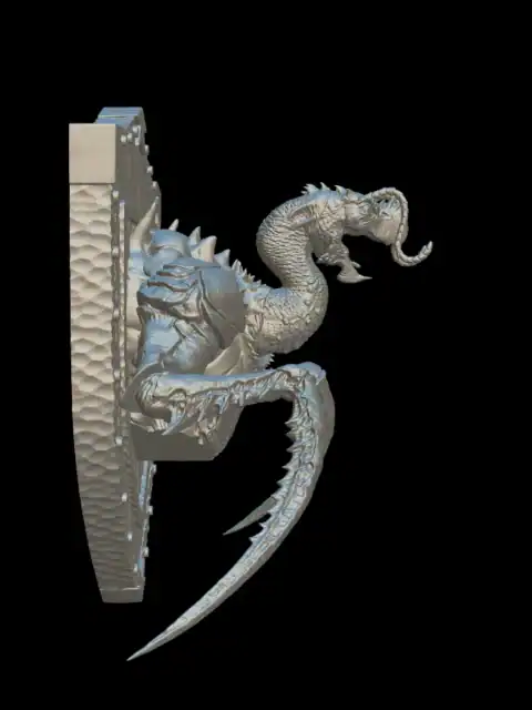 Side profile of the hook horror trophy bust with the long neck and curved hooks