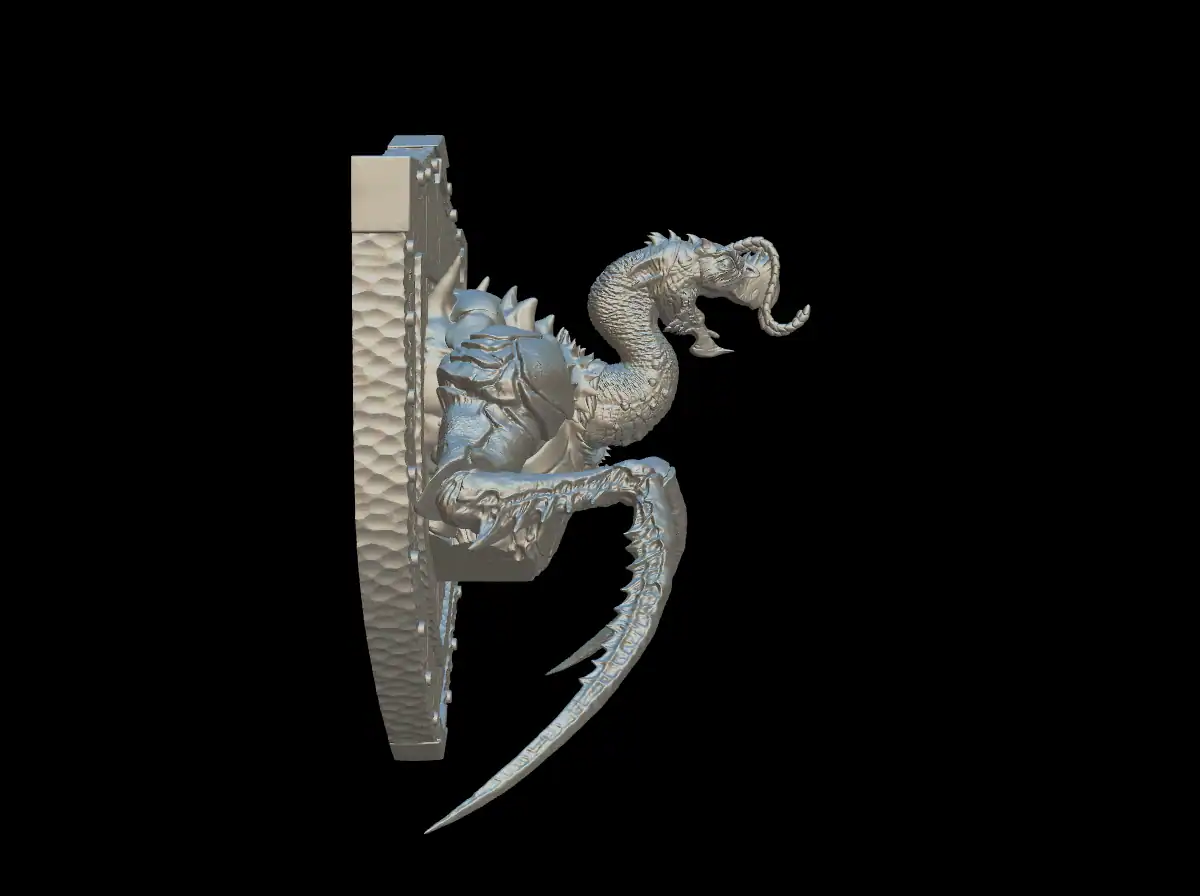 Side profile of the hook horror trophy bust with the long neck and curved hooks