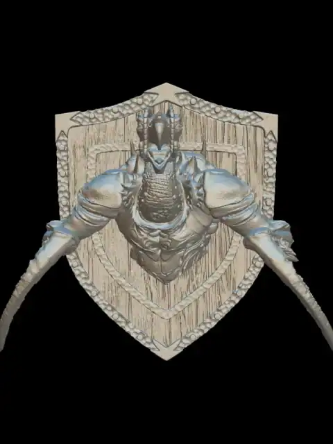Front view of the hook horror trophy bust on a studded wooden shield