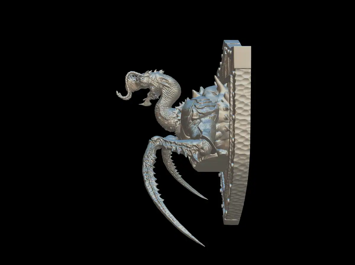 Opposite side profile of the hook horror trophy bust on its shield plaque