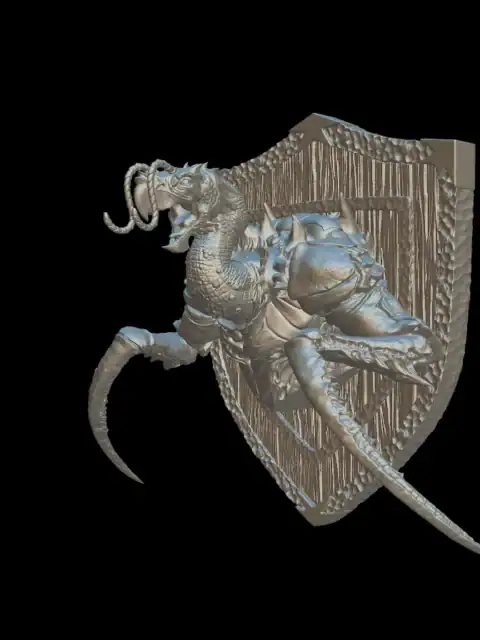 Three-quarter view of the hook horror trophy bust with serrated hooks sweeping past the shield