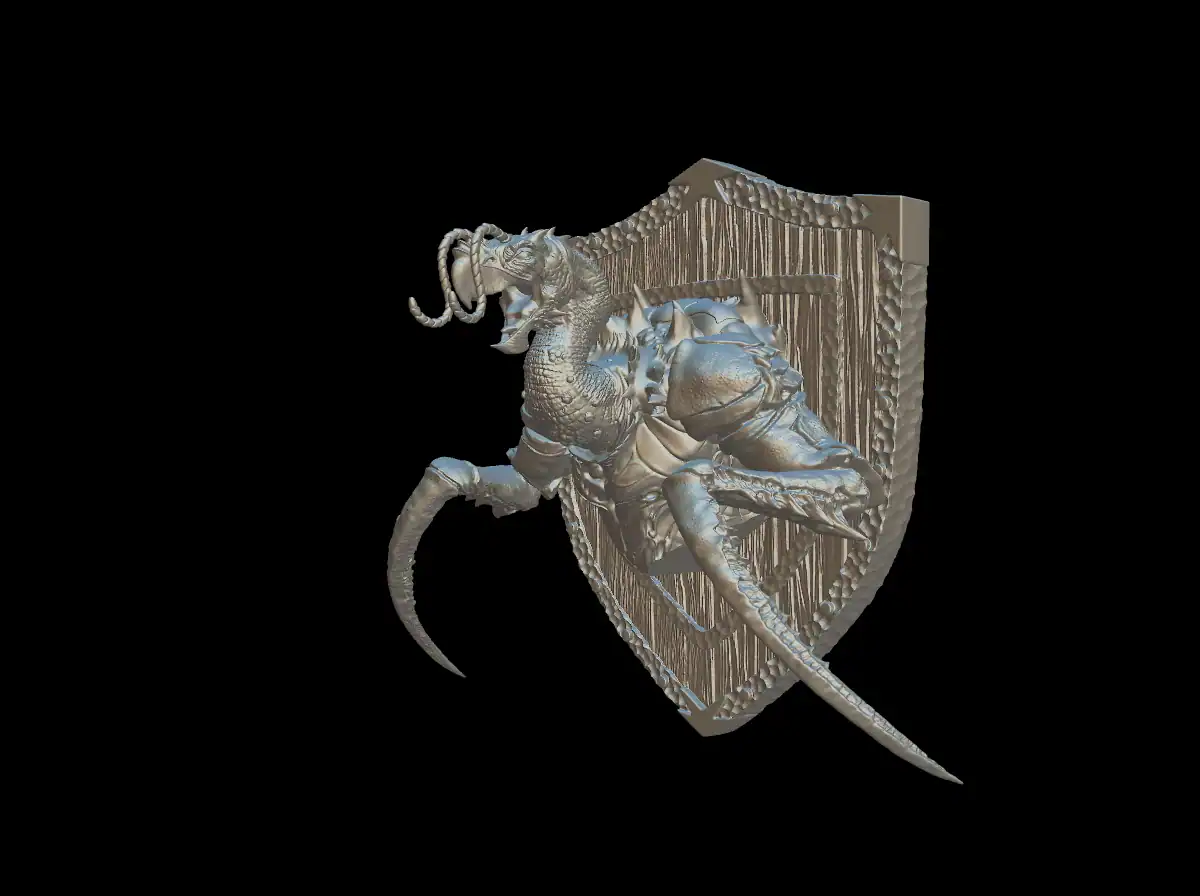 Three-quarter view of the hook horror trophy bust with serrated hooks sweeping past the shield