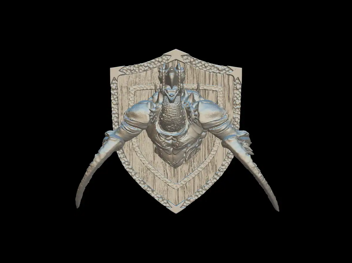 Front view of the hook horror trophy bust on a studded wooden shield