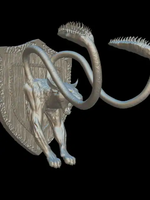 Three-quarter view of the displacer beast trophy bust showing the looping tentacles and roaring cat head