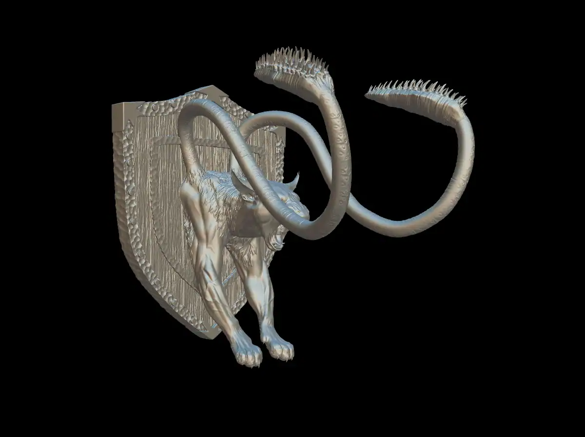 Three-quarter view of the displacer beast trophy bust showing the looping tentacles and roaring cat head