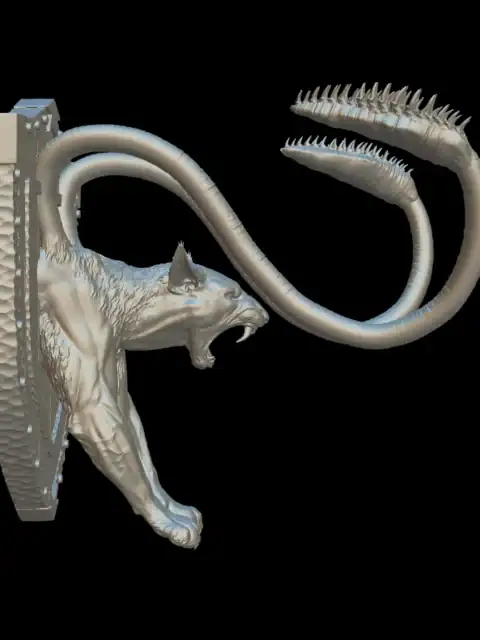 Side profile of the displacer beast trophy bust with open jaws and long fangs