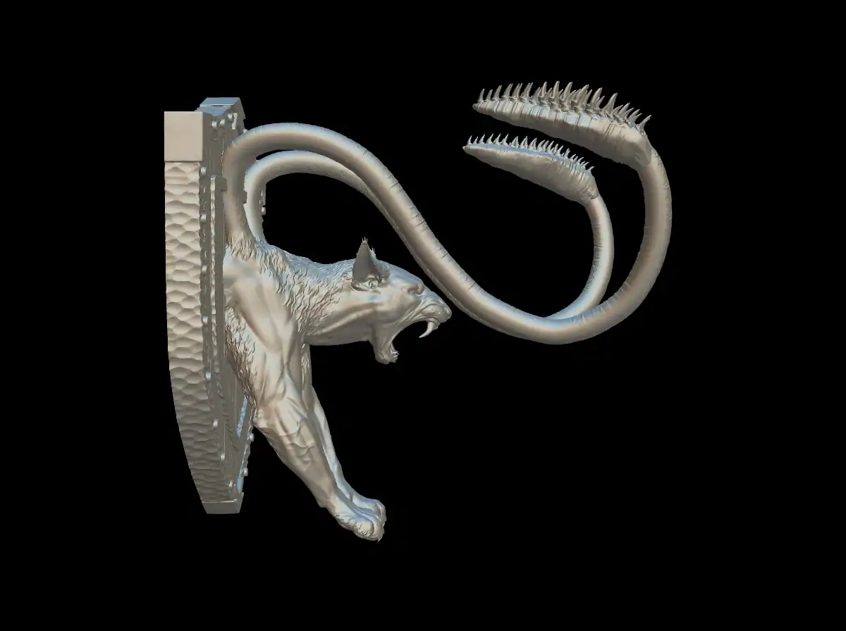 Side profile of the displacer beast trophy bust with open jaws and long fangs