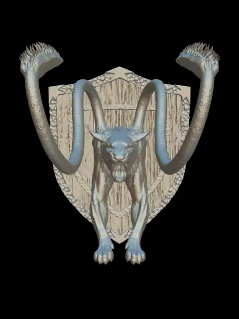Front view of the displacer beast trophy bust with two tentacles rising over a studded wooden shield