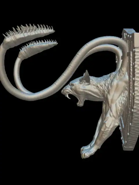 Opposite side profile of the displacer beast trophy bust leaping from its shield plaque