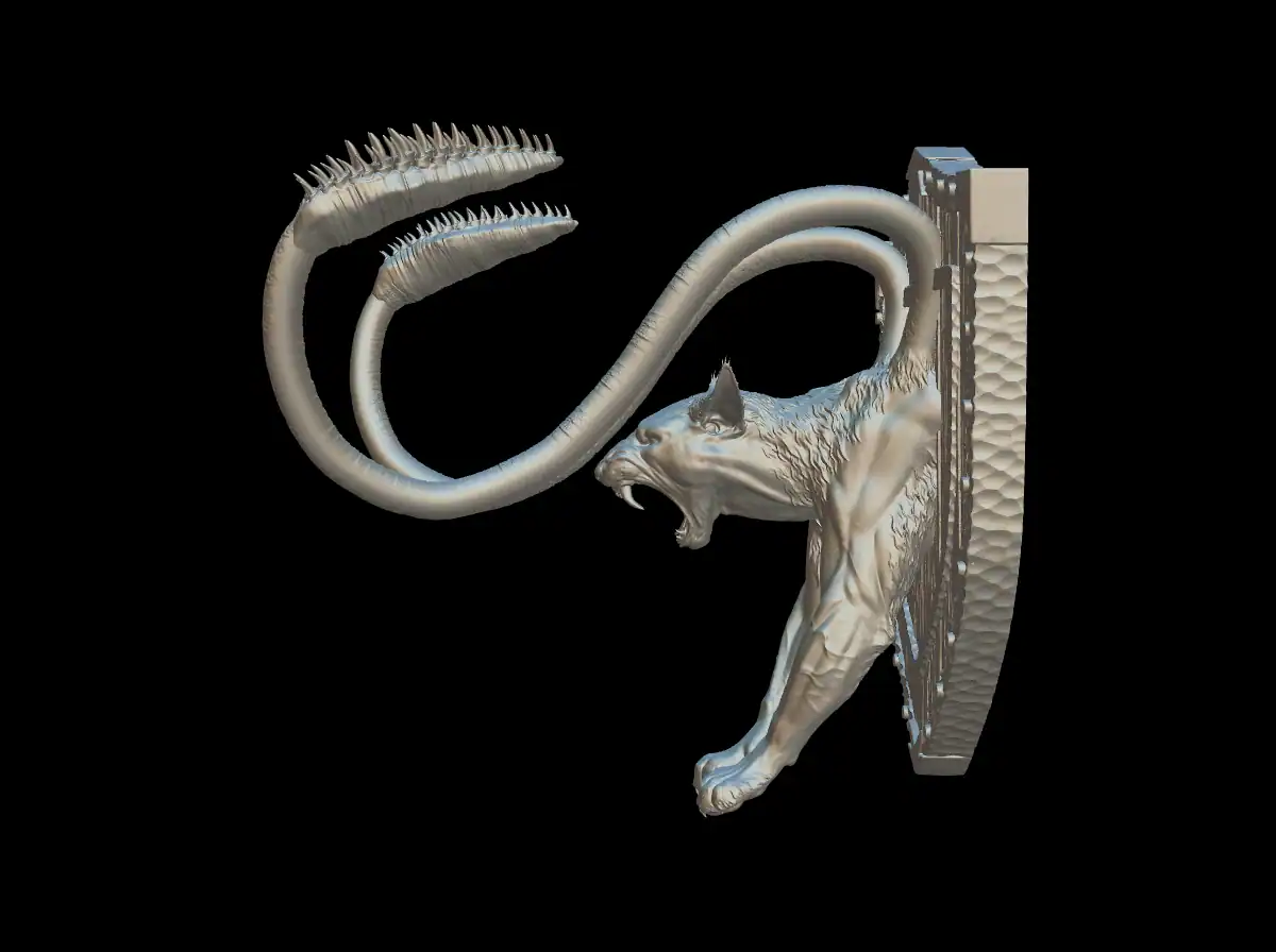 Opposite side profile of the displacer beast trophy bust leaping from its shield plaque