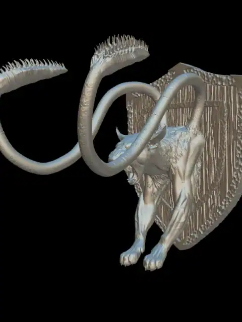 Angled view of the displacer beast trophy bust with barbed tentacle tips curling away from the shield