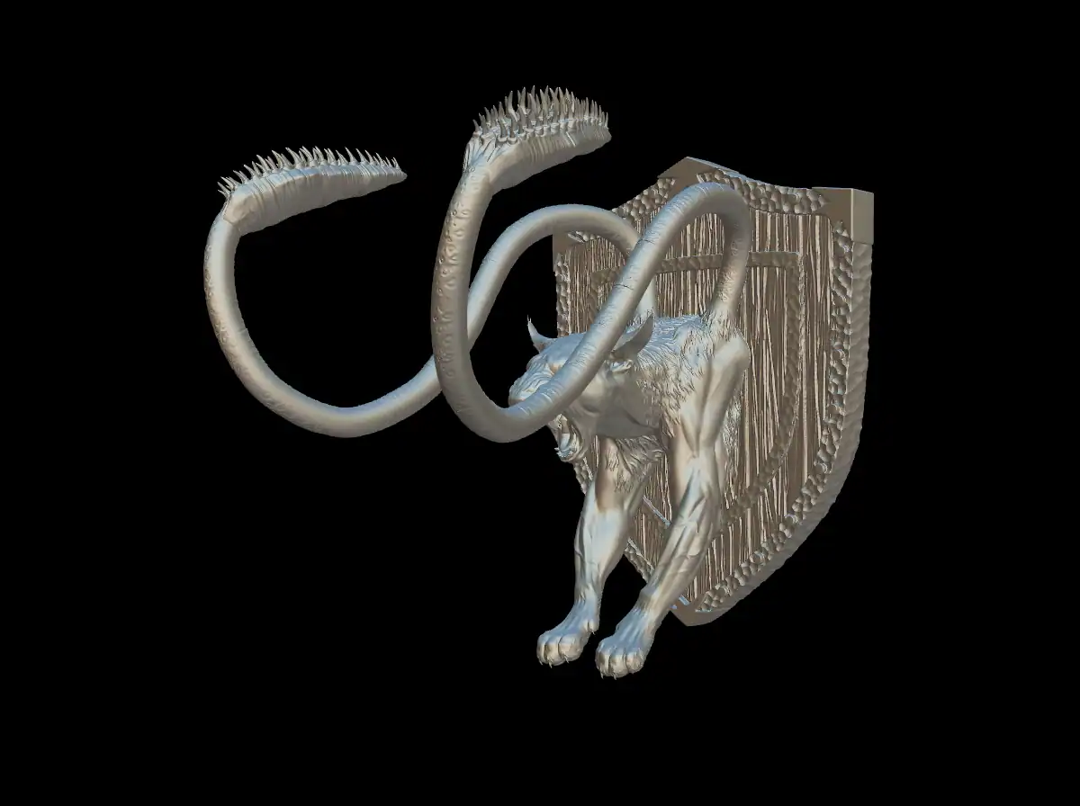 Angled view of the displacer beast trophy bust with barbed tentacle tips curling away from the shield