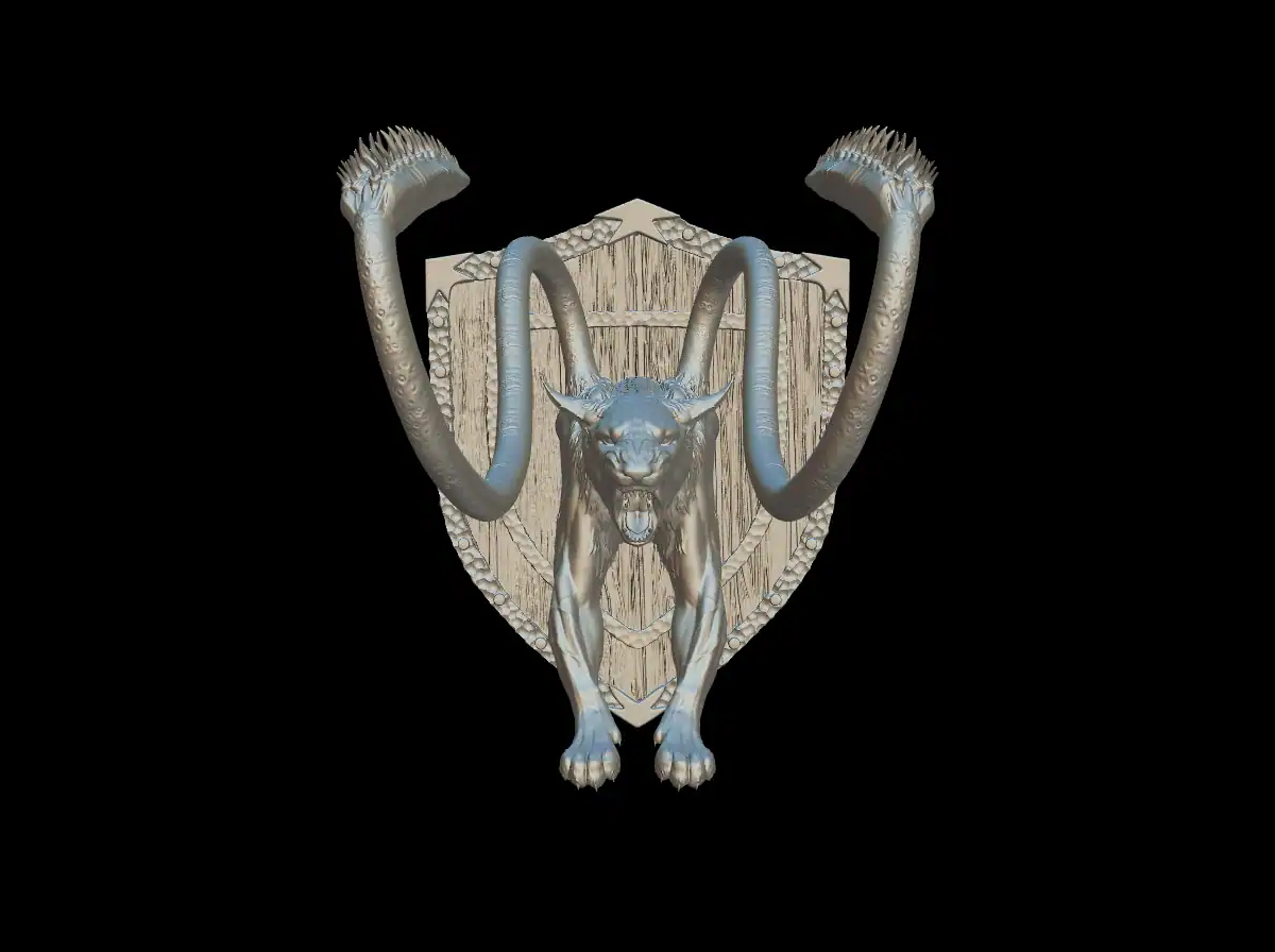 Front view of the displacer beast trophy bust with two tentacles rising over a studded wooden shield