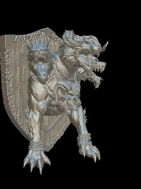 Three-quarter view of the cerberus trophy bust showing chain-wrapped forelegs and the horned center head