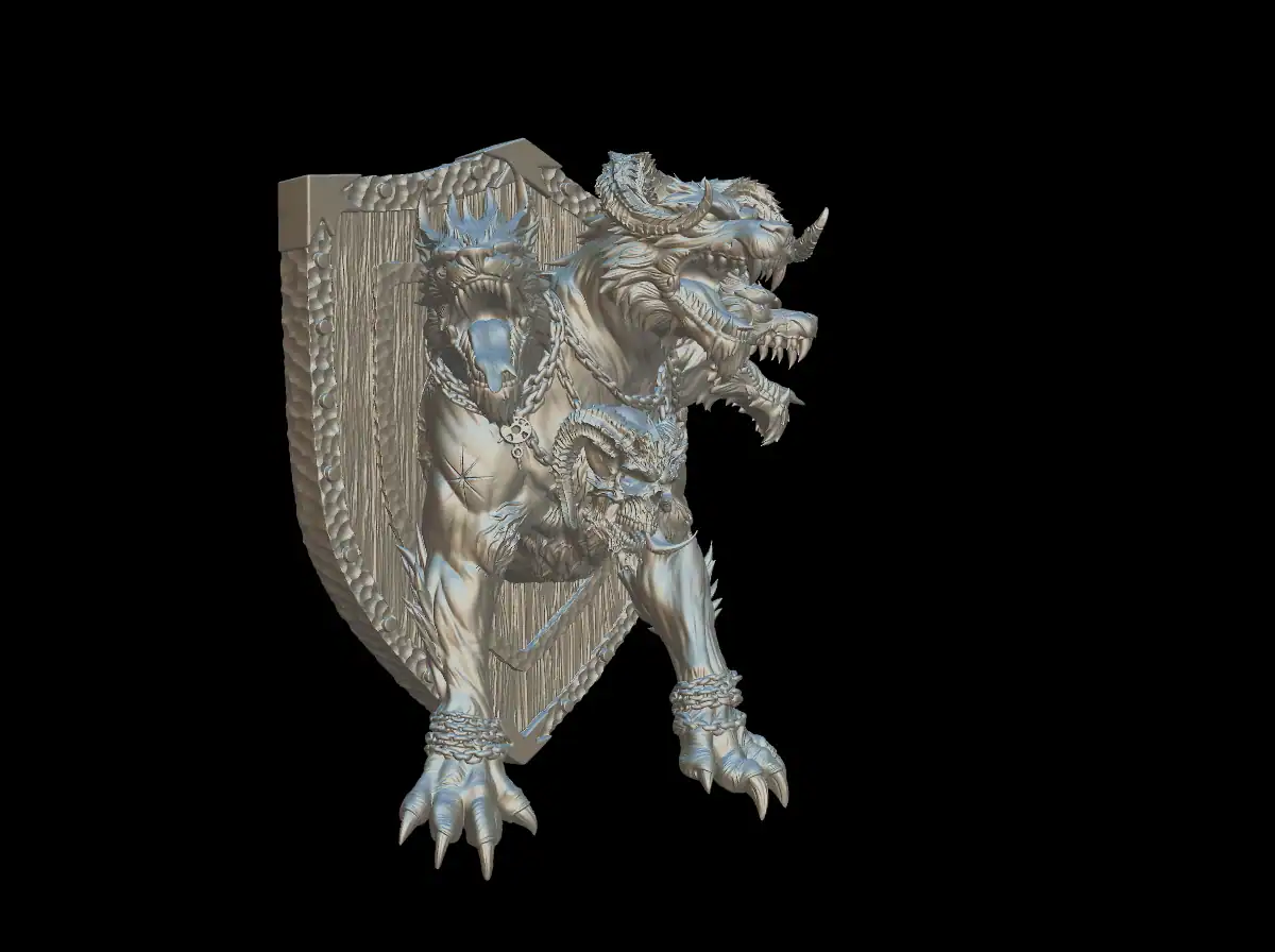 Three-quarter view of the cerberus trophy bust showing chain-wrapped forelegs and the horned center head