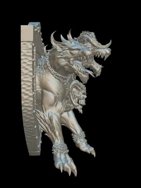 Side profile of the cerberus trophy bust with open jaws and a horned skull pendant