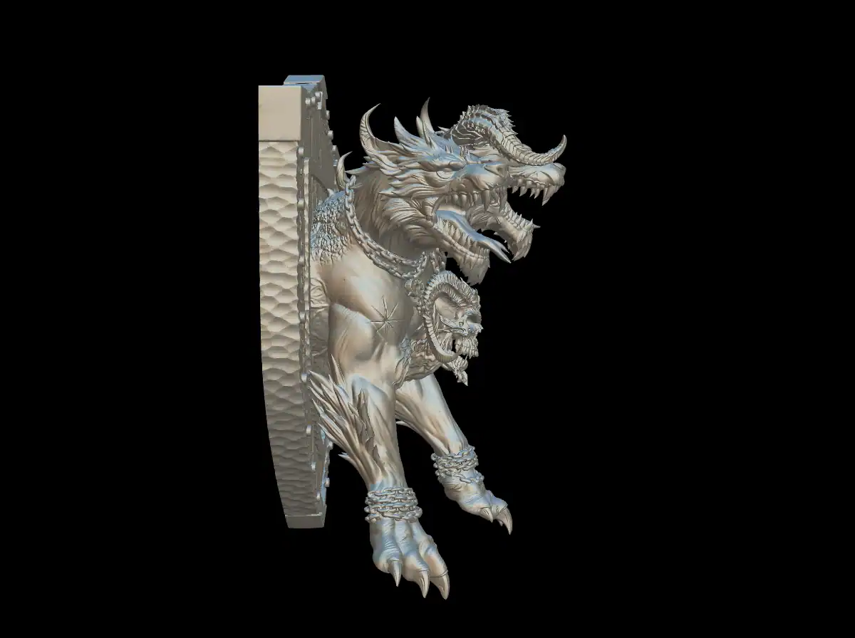 Side profile of the cerberus trophy bust with open jaws and a horned skull pendant