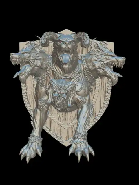 Front view of the cerberus trophy bust with three snarling heads on a studded wooden shield