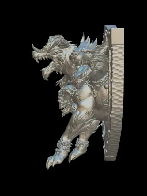 Opposite side profile of the cerberus trophy bust with chains draped across the chest