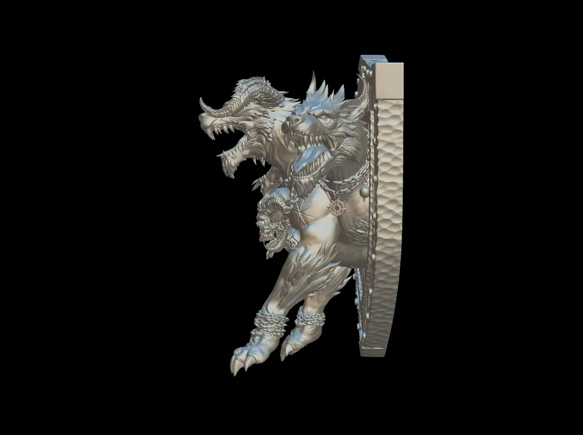 Opposite side profile of the cerberus trophy bust with chains draped across the chest