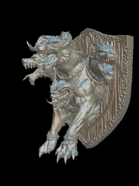 Angled view of the cerberus trophy bust with all three heads turned away from the shield