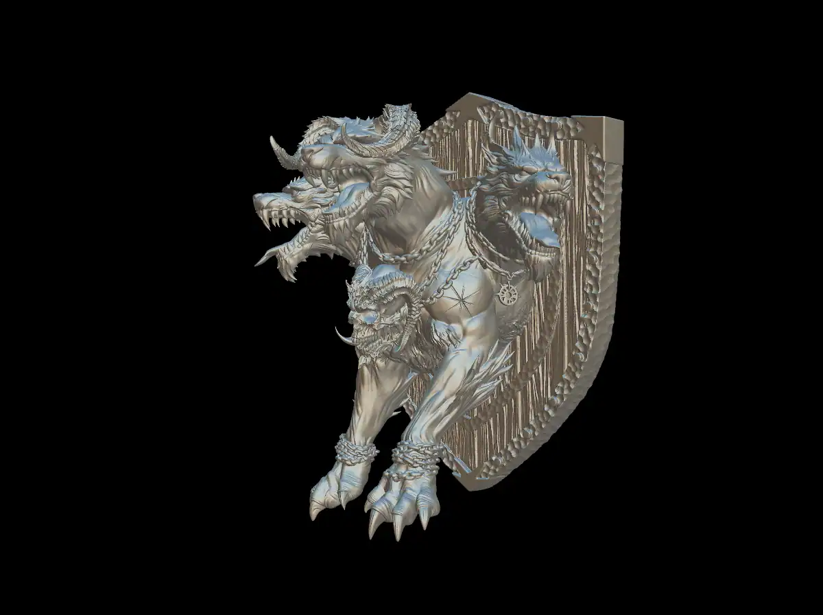 Angled view of the cerberus trophy bust with all three heads turned away from the shield