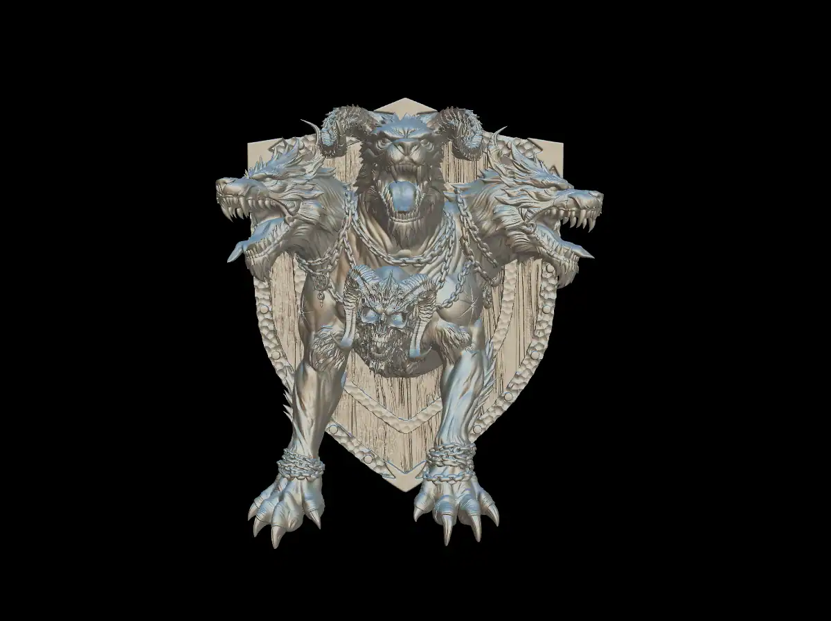 Front view of the cerberus trophy bust with three snarling heads on a studded wooden shield