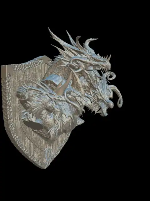 Three-quarter view of the tiamat trophy bust with the horned center head rearing above the coiled body
